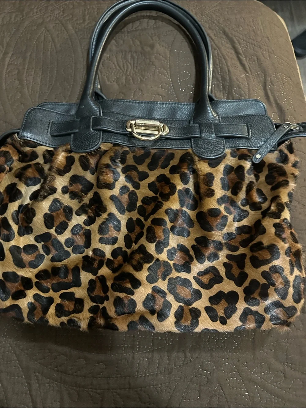 Leopard Print Faux Fur Tote with Black Trim